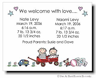 Pen At Hand Stick Figures Birth Announcements - Twin 3